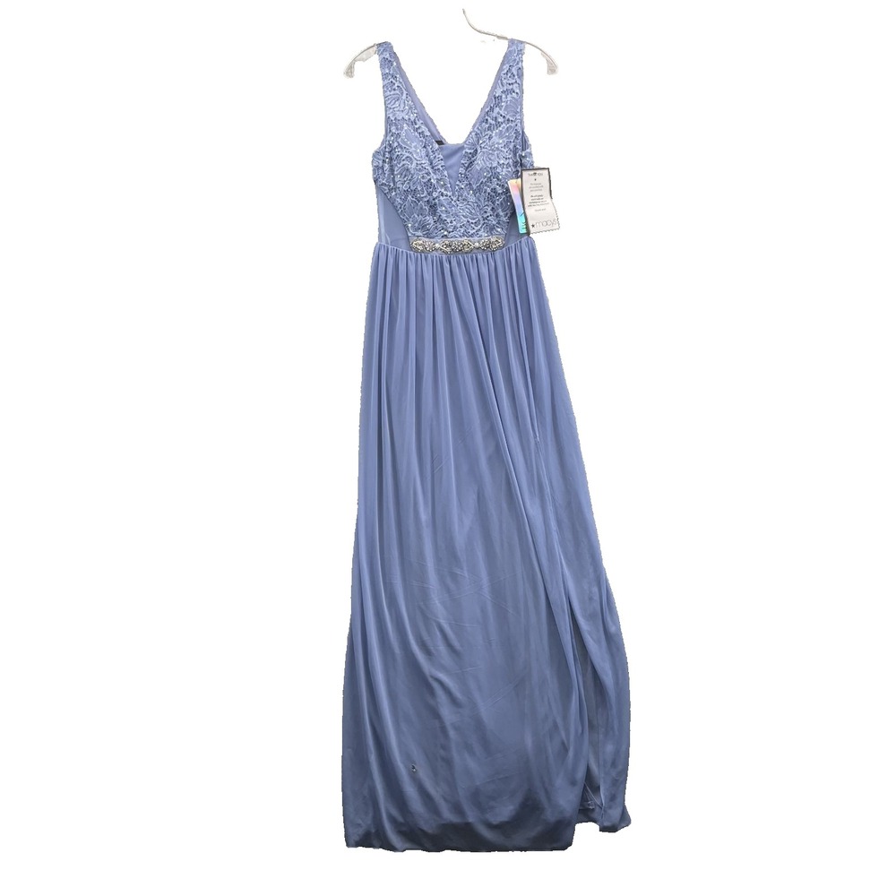 Macys BCX Maxi Dress Women 5 Blue Lace Chiffon Floral Evening Gown Party Holiday